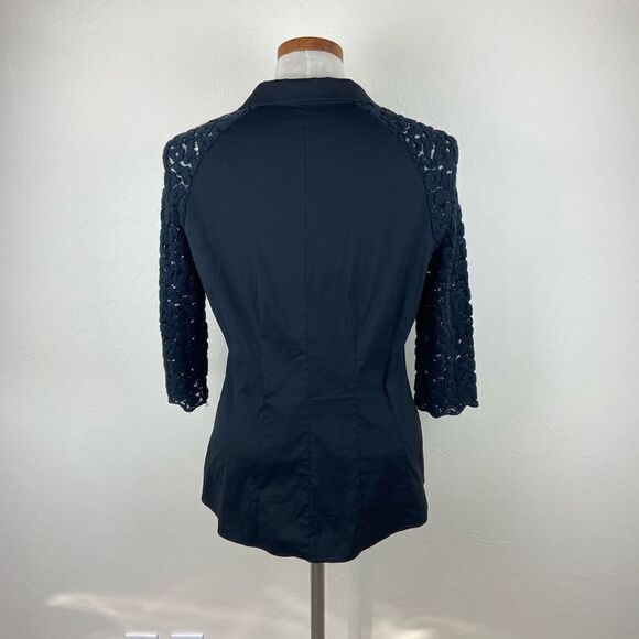 Lafayette 148 Collared 3/4 Lace-Sleeve Button-Down Shirt - Black - Picture 6 of 7